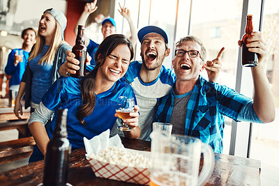 Buy stock photo Friends, happy and sports game success, tournament victory and celebration of football league match event. Men, cheering and woman for support, fan and winning with beer of score achievement at pub