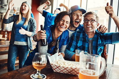 Buy stock photo People, smile and sports game success, tournament victory and celebration of football league match event. Men, woman and team support, fan and winning with beer of world cup score achievement at pub
