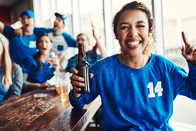 Buy stock photo Woman, fans and portrait at pub, celebrating for victory in sports on television with cheering for goal. Group, supporter and beer for soccer, tournament or match as friends with loyalty in world cup