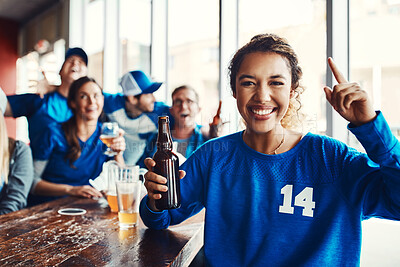 Buy stock photo Woman, sports game and portrait at pub, celebrating for victory in group, watching tv and cheering for goal. Person, fans and beer for soccer, tournament or match as friends with loyalty in world cup