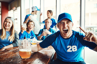 Buy stock photo Man, celebration and winning at pub in cheering for victory in watching tv, sports game as supporters or team. Person, excited and beer for goal in football game as friends for loyalty in world cup