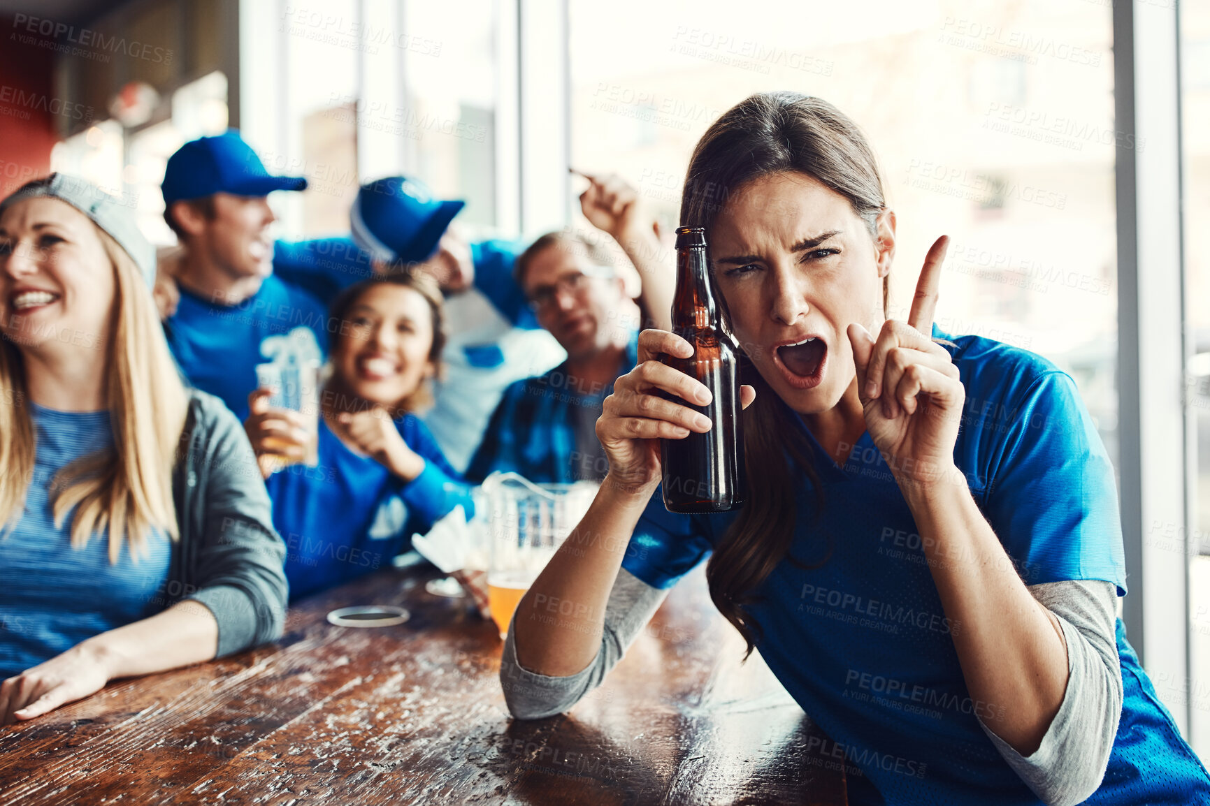 Buy stock photo Woman, celebration and goal at pub in cheering for victory in watching tv, sports game as supporters or team. Group, fans and beer for soccer, tournament or match as friends for loyalty in world cup