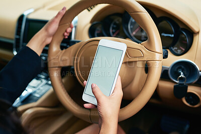 Buy stock photo Car, screen and hand of person with phone for travel info, connection or online navigation app. Driver, steering wheel and mockup on technology in vehicle for location, search or direction on map