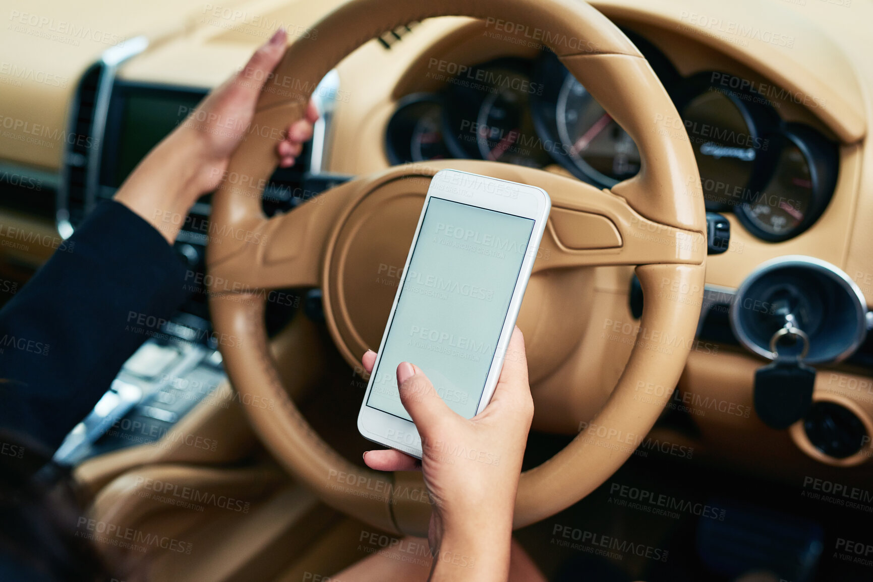 Buy stock photo Car, screen and hand of person with phone for travel info, connection or online navigation app. Driver, steering wheel and mockup on technology in vehicle for location, search or direction on map