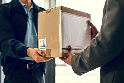 Buy stock photo Delivery man, hands and giving box at front door with stock, inventory and product in supply chain for shipping. Person, package and courier for ecommerce, cargo or distribution service for customer