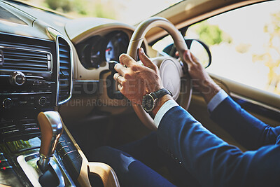 Buy stock photo Screen, gps and hands of person in car for location, driving or check destination. Navigation, commute and chauffeur service with digital map for traffic guide, direction or travel route in vehicle