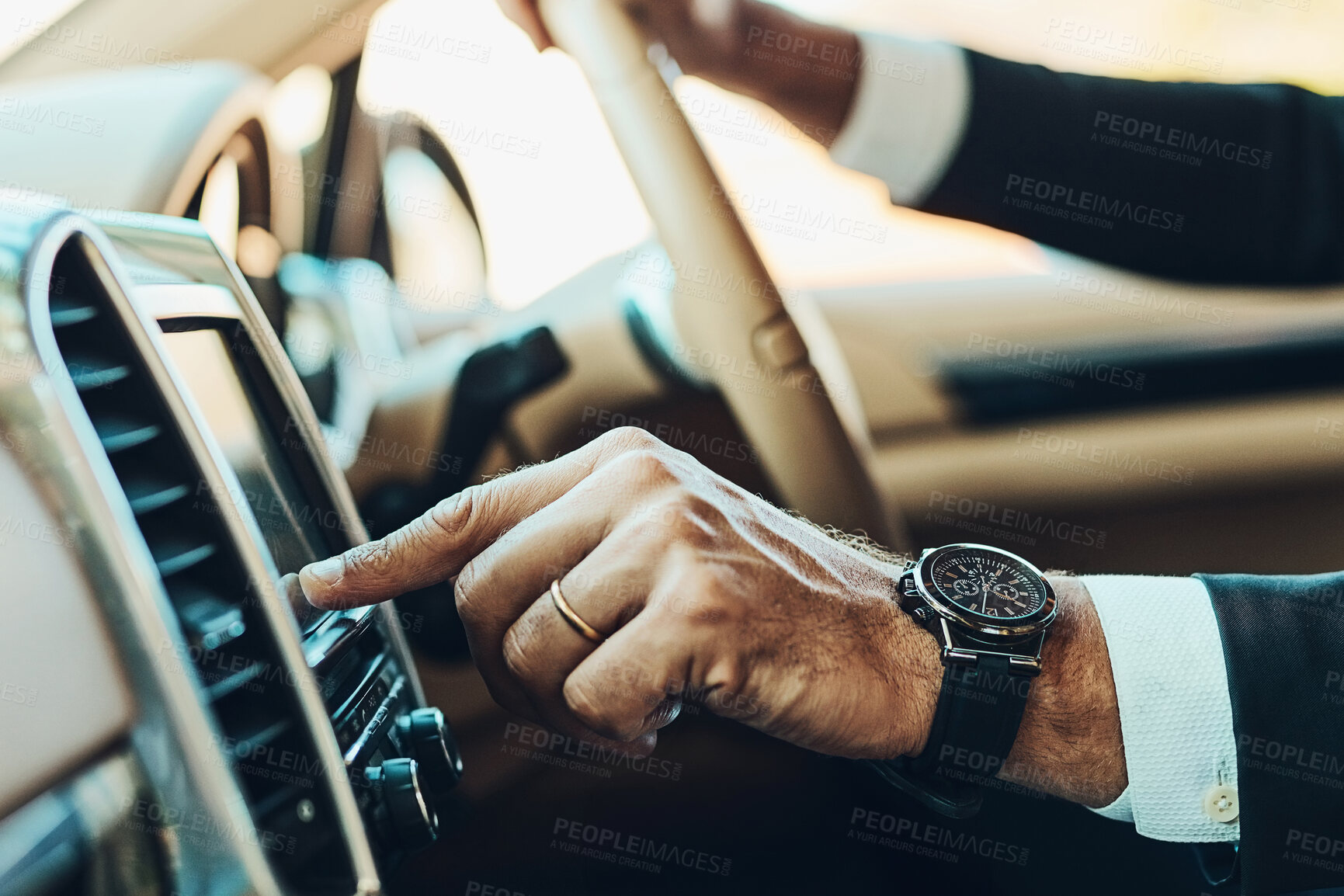 Buy stock photo Cropped shot of an unrecognizable man driving