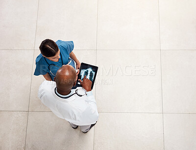 Buy stock photo Doctor xray and hospital with tablet, surgeon talk and medical collaboration for lung diagnosis. Above, digital and healthcare professional with tech and respiratory system check for cancer at clinic