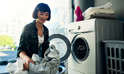 Buy stock photo Washing machine, laundry and woman cleaning fabric in home for hygiene or housekeeping. Chores, dryer and person load clothes in electrical appliance for housework or fresh textile in basket in house