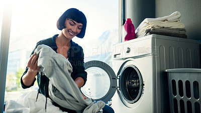 Buy stock photo Washing machine, laundry and happy woman cleaning fabric in home for hygiene or housekeeping. Chores, dryer and person load clothes in electrical appliance for housework or fresh textile in basket