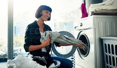 Buy stock photo Washing machine, laundry and happy woman cleaning clothes in home for hygiene or housekeeping. Chores, dryer and person take fabric in electrical appliance for housework or fresh textile in basket