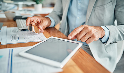 Buy stock photo Businessman, credit card and hands for payment at desk with tablet for financial information. E commerce, online banking and male person in office for company, investment and budget plan or savings