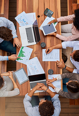 Buy stock photo Data, analytics and group of business people at workshop for planning, strategy and stats for tech sales growth. Laptop, paperwork and team in meeting with charts, graphs and collaboration from above