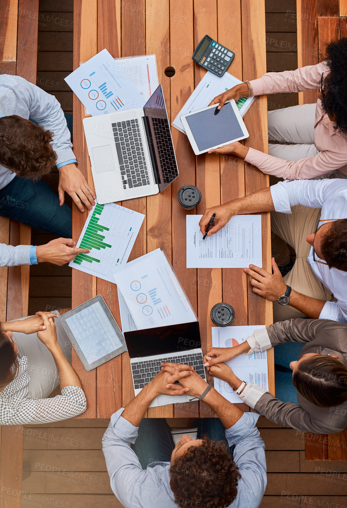 Buy stock photo Data, analytics and group of business people at workshop for planning, strategy and stats for tech sales growth. Laptop, paperwork and team in meeting with charts, graphs and collaboration from above