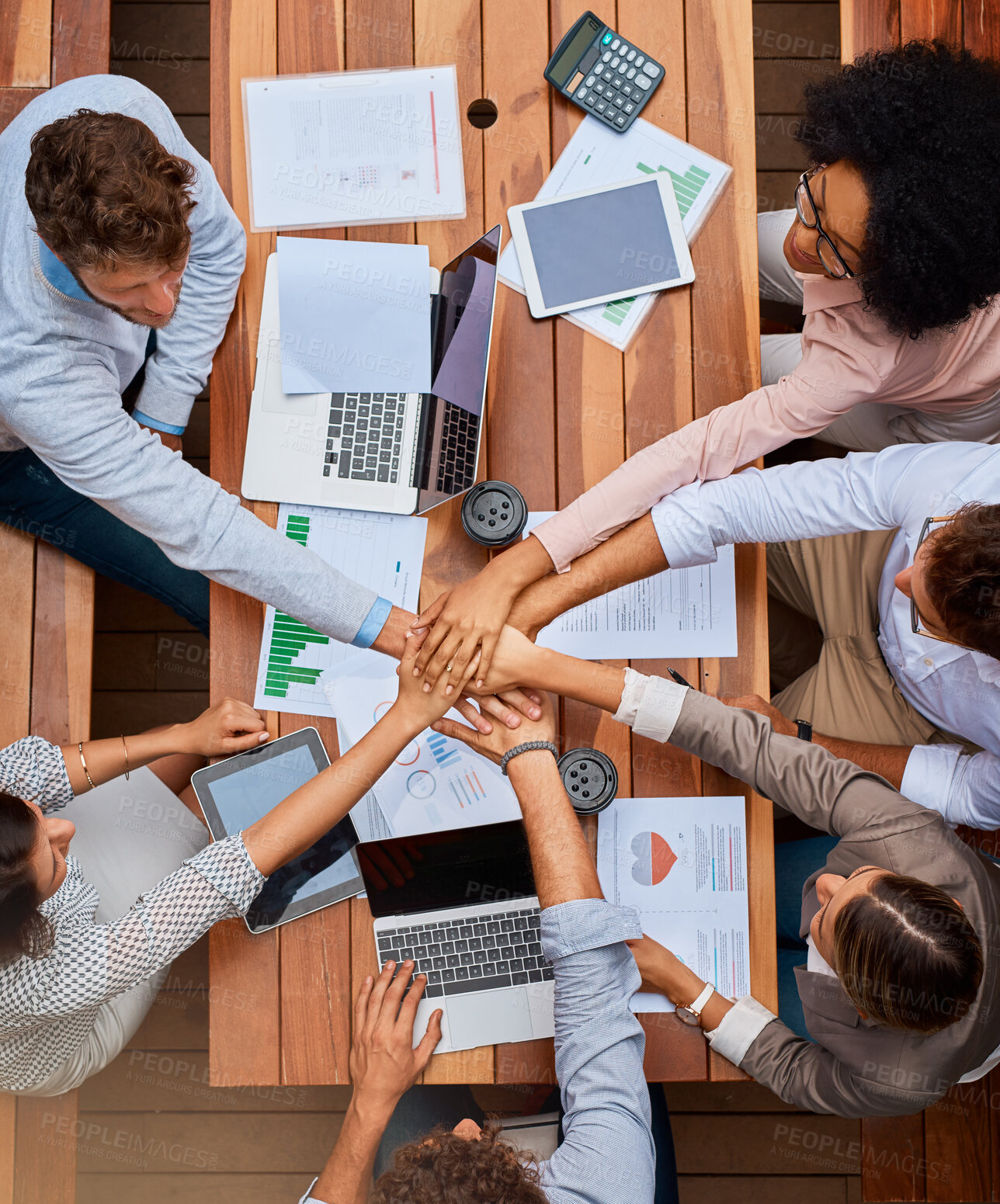 Buy stock photo Teamwork, planning and business people with hands together at workshop for data analysis, stats and tech project. Laptop, paperwork and staff in huddle with charts, graphs or collaboration from above