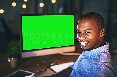 Buy stock photo Happy businessman, portrait and night with green screen on computer for web design or creative startup at office. Man or employee working late on technology with smile for deadline on mockup space