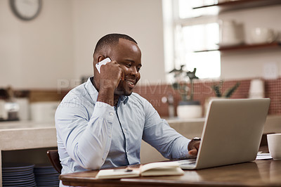 Buy stock photo Black man, phone call and discussion in home with laptop, chat for cryptocurrency trading. Male trader, communication and mobile for advice with stock market or finance deal, happy for investment