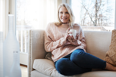 Buy stock photo Mature woman, thinking and espresso in home for peace, relax and hot beverage for memory on weekend. Female person, matcha and planning for retirement in living room, wondering and tea for comfort