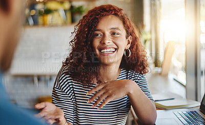 Buy stock photo Happy, talking and woman in coffee shop with laptop for freelance creative project. Smile, discussion and female copywriter with computer for research and conversation with friend at cafe in Brazil.