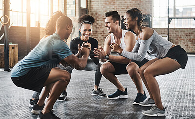 Buy stock photo Friends, fitness and squat in group at gym for workout, core exercise or training together indoors. Diverse class, people and warm up for ab muscle, session or sport for health challenge in gymnasium