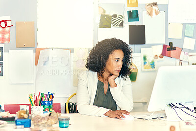 Buy stock photo Woman, fashion designer and computer in workplace, creative agency and professional with shoe sketch pattern. Online, submitting and email company for fabric order, internet connection and career
