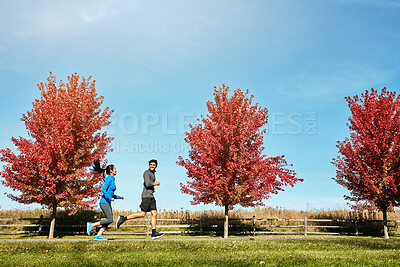 Buy stock photo Couple, running and fitness with exercise, routine and cardio with break, wellness and time together. Healthy people, outdoor and man with woman, runner or speed with training, challenge or support