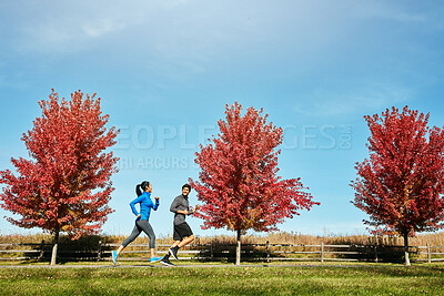 Buy stock photo Couple, running and fitness with exercise, energy and cardio with break, wellness and bonding together. Healthy people, outdoor and man with woman, runner or speed with hobby, challenge or support