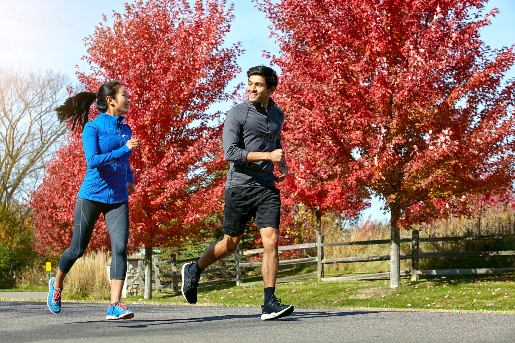 Buy stock photo Couple, running and fitness with exercise, wellness and cardio with break, support and bonding together. Healthy people, outdoor and man with woman, runner or speed with energy, challenge or workout