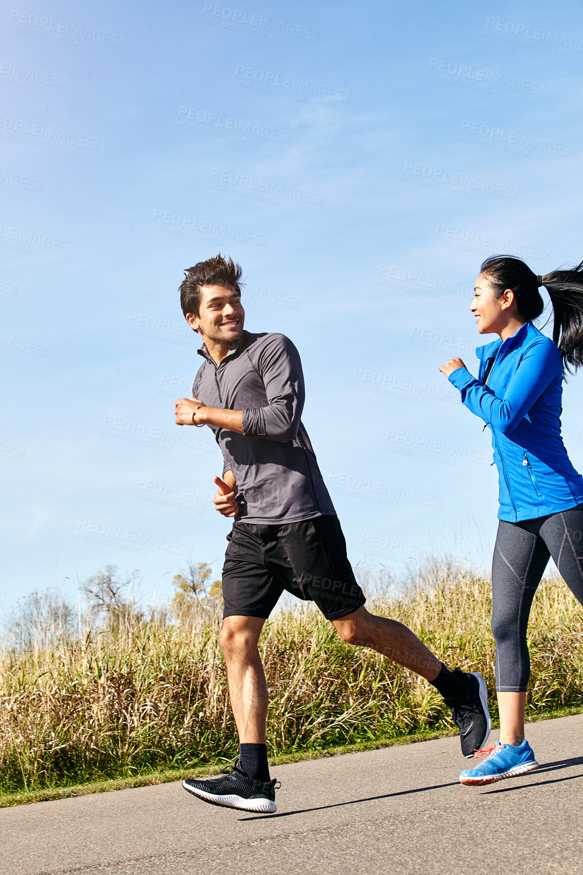 Buy stock photo Couple, running and fitness with exercise, energy and cardio with endurance, wellness and time together. Healthy people, outdoor and man with woman, runner or speed with hobby, challenge or support