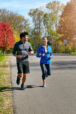 Buy stock photo Couple, running and fitness with training, conversation and cardio with exercise, wellness and support. Healthy people, outdoor and man with woman, runner or routine with energy, challenge and hobby