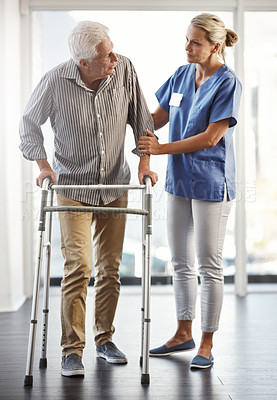 Buy stock photo Senior patient, physiotherapy and walking frame for health care service, retirement and disability support. Medical worker, nurse or physiotherapist helping old man with mobility with rehabilitation