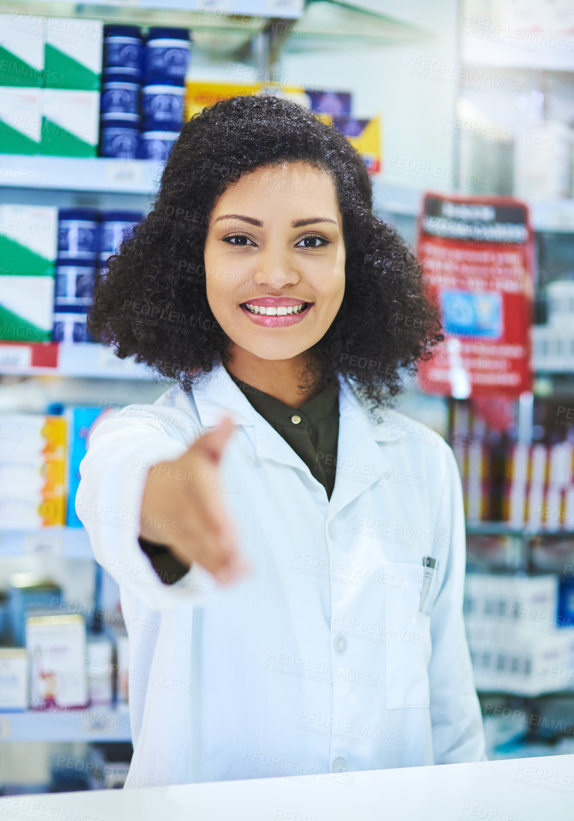Buy stock photo Woman, pharmacist and handshake at shop for health, welcome and introduction with smile for portrait. Person, pharmacy with shaking hands for trust, deal and sale with discount for drugs at store