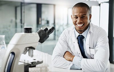 Buy stock photo Smile, laboratory and portrait of black man with microscope, medical study and confidence in science. Biotech, research and happy scientist with pharmaceutical development, internship and pride