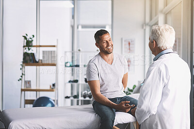 Buy stock photo Doctor, man and patient on bed for healthcare with insulin plaster for diabetes, injection or treatment. Mature professional, health insurance or glucose check with blood pressure or wellness checkup