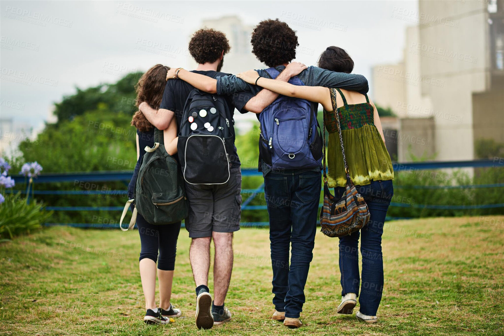 Buy stock photo Rearview shot of unrecognizable students walking outside