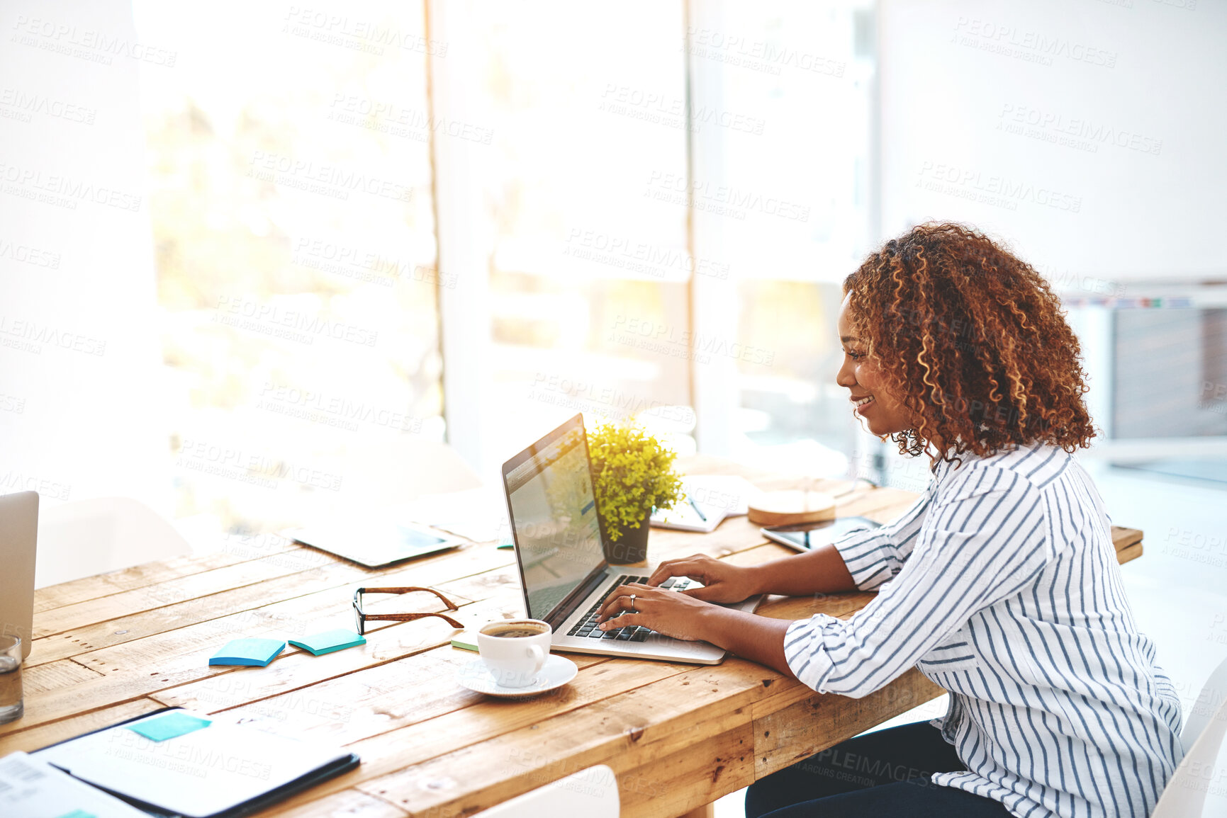 Buy stock photo Woman, laptop and typing in office for social media post, communication or online news and email. Female person, technology and writing message for internet research, web browsing or networking