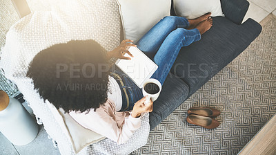 Buy stock photo Black woman, couch or relax with tablet screen or mockup for internet research, reading lifestyle or blog for ideas. Female person, sofa or ebook with website for plan in home, scroll for information