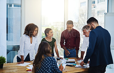 Buy stock photo Collaboration, meeting and workshop with group of business people in office together for company training. Coaching, discussion and seminar with employee team in workplace for upskill development