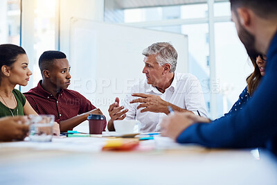 Buy stock photo Collaboration, management and meeting with group of business people in office together for training workshop. Coaching, seminar and explain with employee team in workplace for upskill development