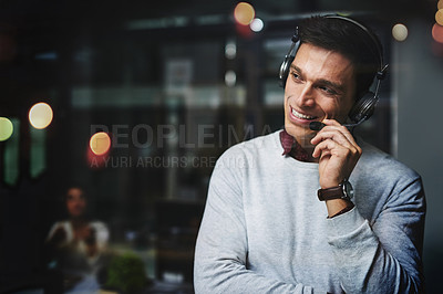 Buy stock photo Telemarketing, man and consultant with microphone for customer support with communication and FAQ service. Call center, agent and telecom advisory with headphones, mockup space and bokeh at night
