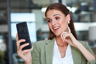 Buy stock photo Scroll, mobile and business woman in office with smile for notification, social network or reading text. Digital, media agency and person for news, browsing internet or check information on trends