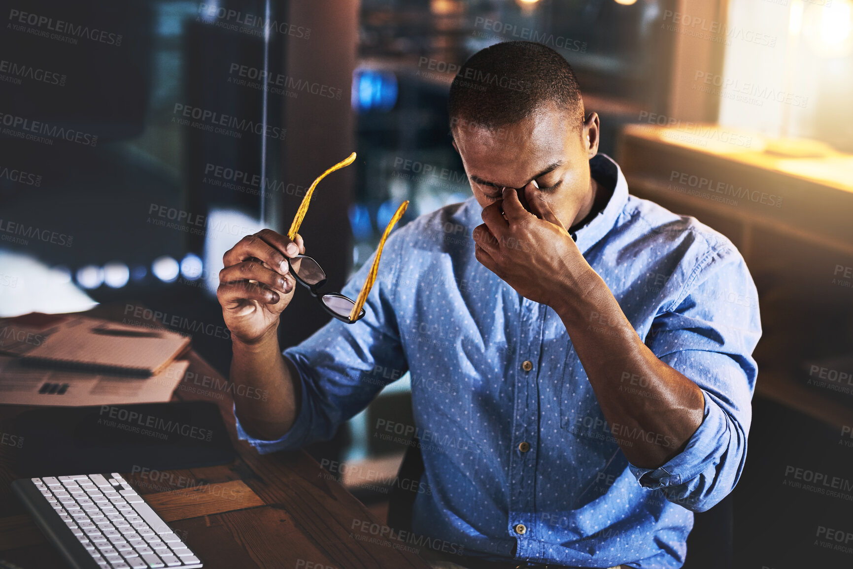 Buy stock photo Frustrated businessman, headache and night with stress for strain, pressure or deadline at office. Tired man or employee working late or overworked with migraine in depression, fatigue or burnout