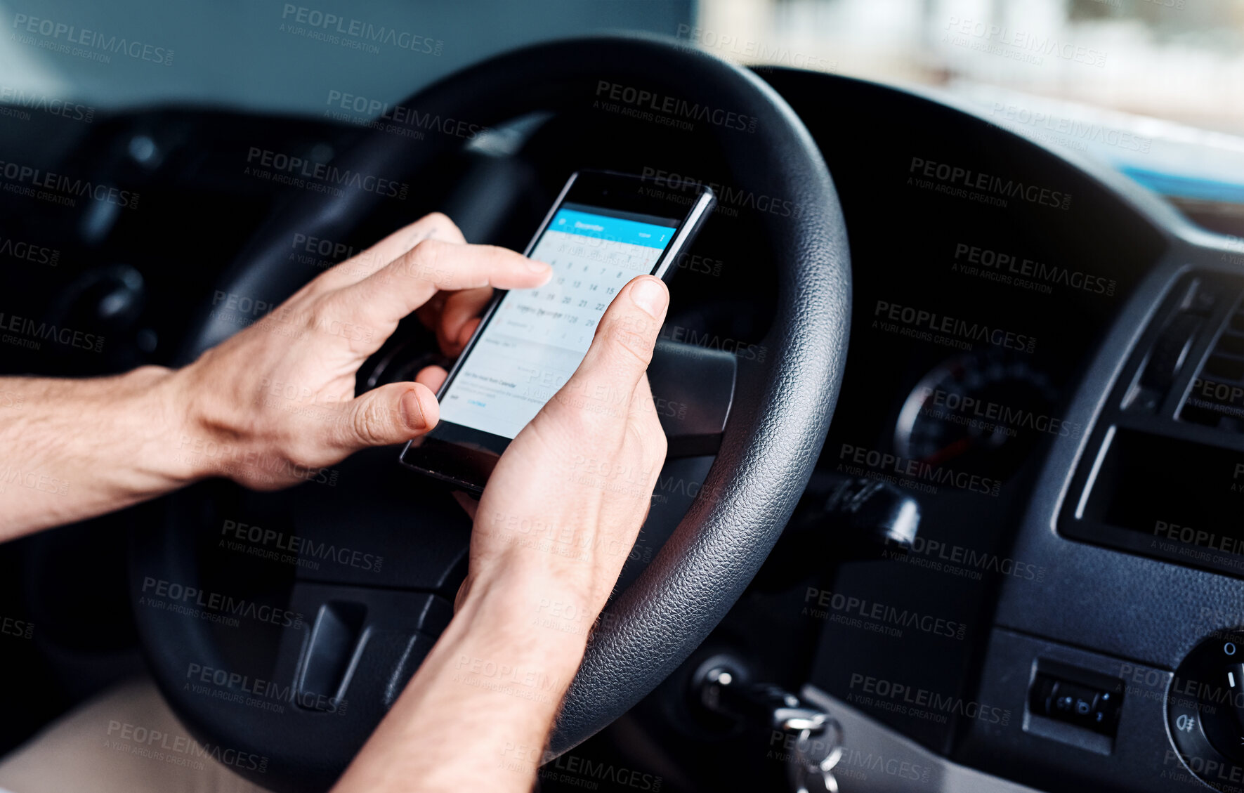 Buy stock photo Hands, person and driving car with phone for calendar, schedule or date for delivery service on road. Driver, courier and smartphone in vehicle with reminder on mobile app for supply chain on street