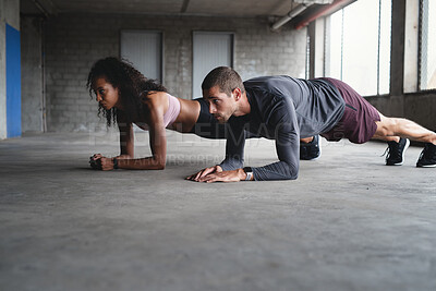 Buy stock photo Strong, plank and man with woman in gym for muscle development, fitness challenge and endurance. Health, wellness and workout friends for  body training, power performance or bodybuilding on floor