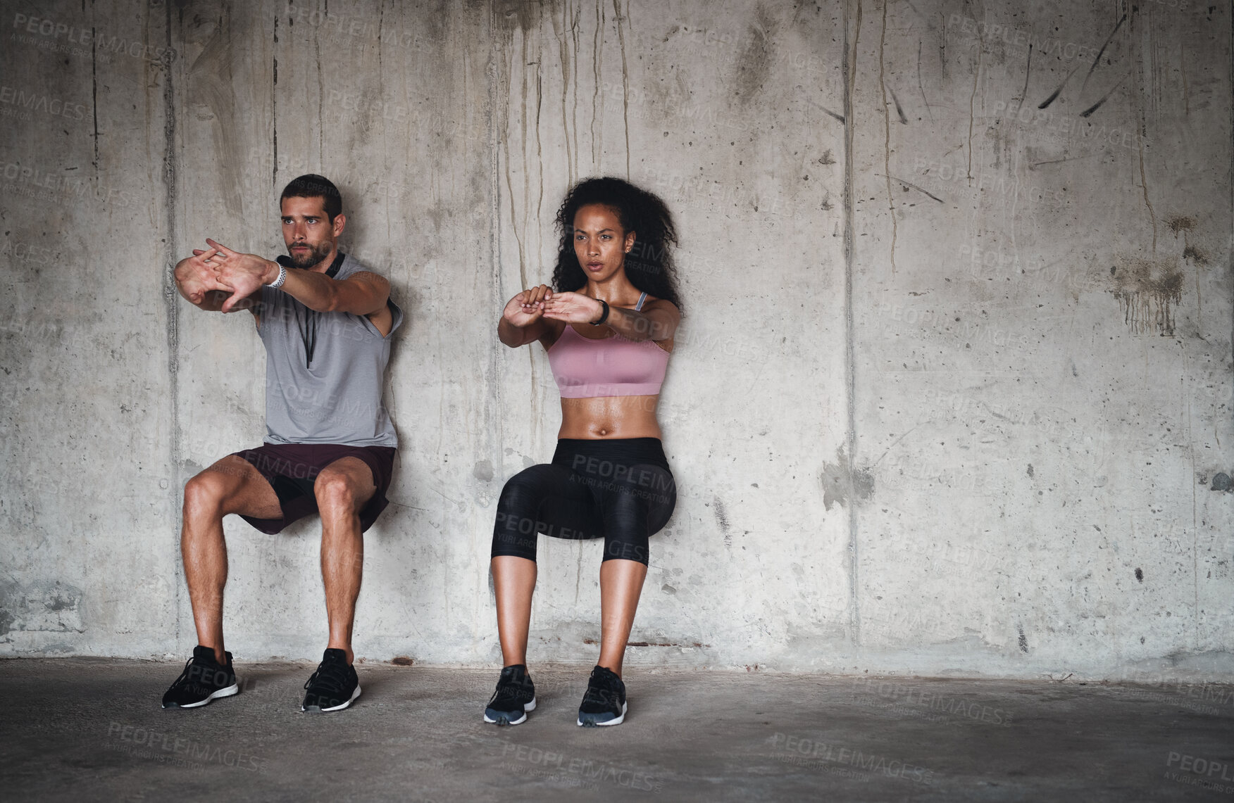Buy stock photo Couple, fitness and squat for exercise outdoor, muscle development and balance support of training. Woman, man and workout progress, bodybuilder and cardio resilience of wellness performance