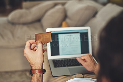 Buy stock photo Home, person and laptop screen with debit card for credit score check or verification on website. Mockup space, customer and living room with online or internet banking for shopping and savings