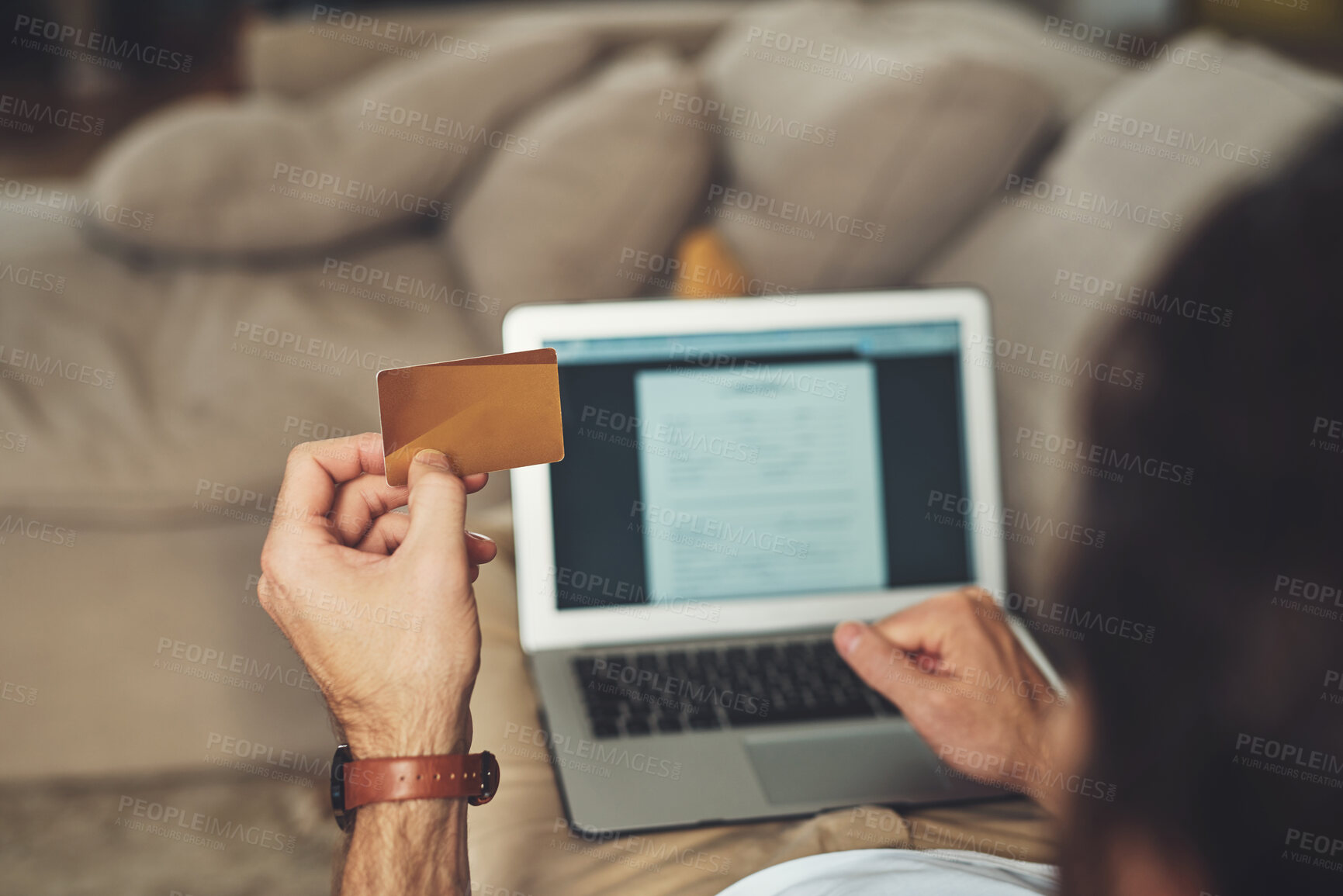 Buy stock photo Home, person and laptop screen with debit card for credit score check or verification on website. Mockup space, customer and living room with online or internet banking for shopping and savings