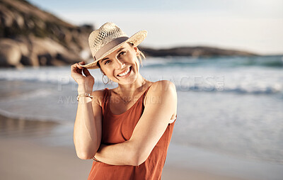 Buy stock photo Woman, portrait and smile at beach for vacation with happiness for sunset in summer with confidence. Travel, ocean and sea with relax, nature and sunny holiday in the Maldives with straw hat.