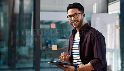 Buy stock photo Businessman, browsing internet or tablet in portrait with sticky notes for online research and brainstorming. Male person, tech and smile in office with glass wall for model agency or social media