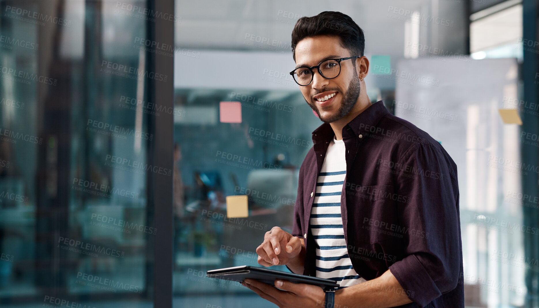 Buy stock photo Businessman, browsing internet or tablet in portrait with sticky notes for online research and brainstorming. Male person, tech and smile in office with glass wall for model agency or social media